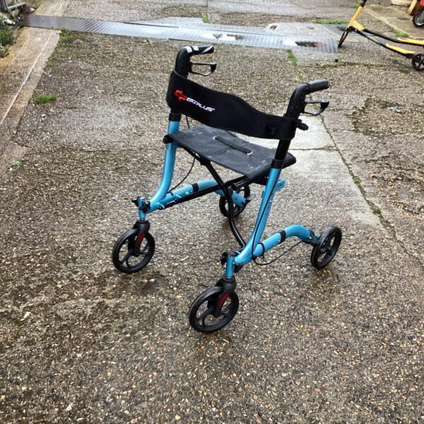 Blue Go Plus walking aid trolley with four wheels.