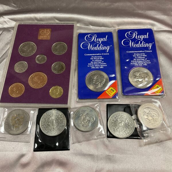 Silver commemorative coins celebrating the 1981 royal wedding of Charles and Diana.