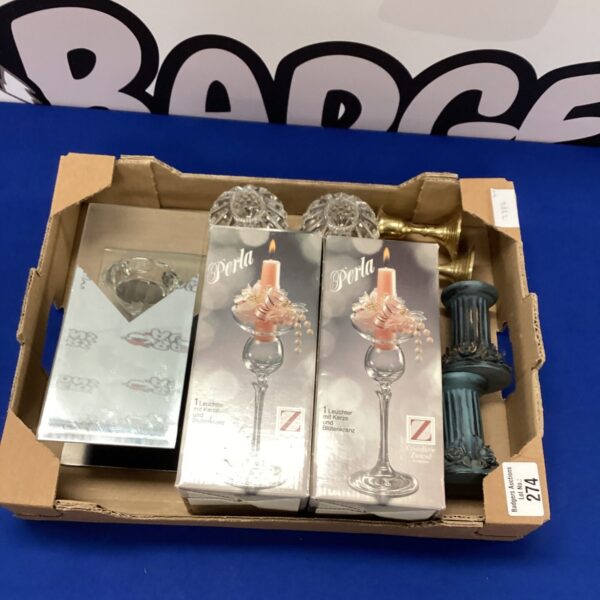 Box of vintage Perla crystal candle holders for table display.