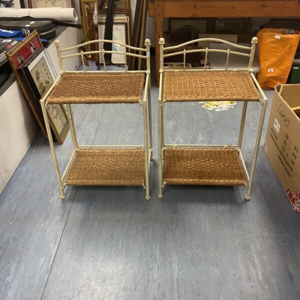 Vintage folding bedside tables with sea grass surfaces.