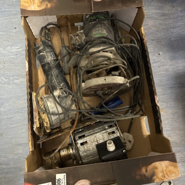 Untested power tool lot with a Festool sander visible.