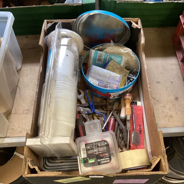Assorted tool and hardware lot including spanners and a hammer.