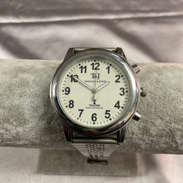 Vintage Tavistock and Jones talking radio control wristwatch with silver case.