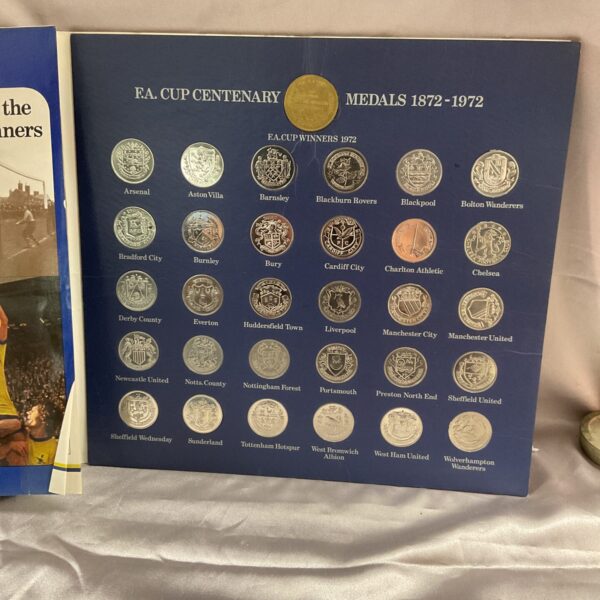 Framed display of vintage FA Cup Centenary medals from 1872-1972.
