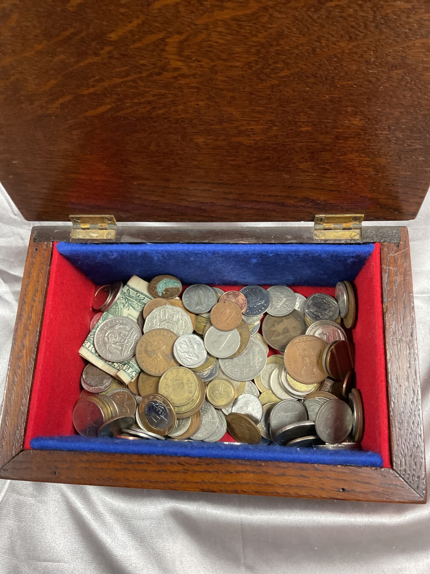 708 Box of assorted coins and two banknotes