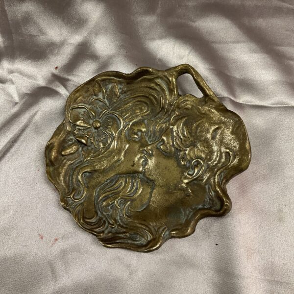 Vintage brass Art Nouveau dish featuring Achilles and Tania design.