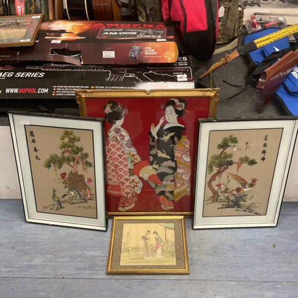 Vintage Japanese embroidery of a bird amongst blossoms, framed silk art.