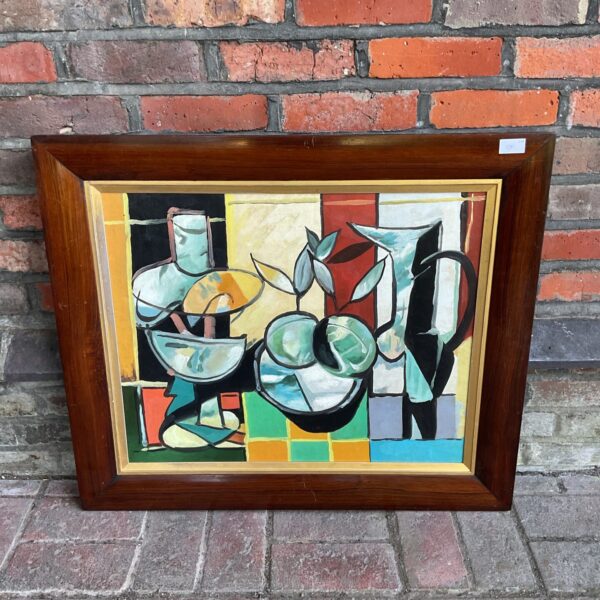 mahogany framed vintage cubist oil painting still life of fruit & ceramics