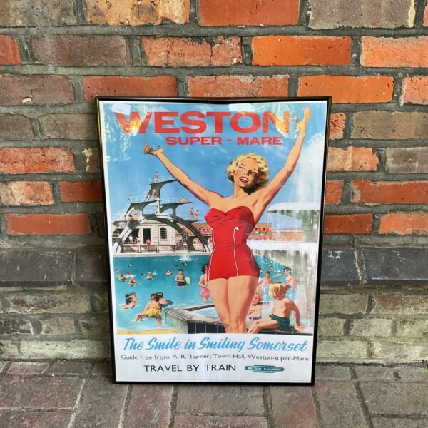Vintage British Railways poster advertising Weston-super-Mare seaside resort.