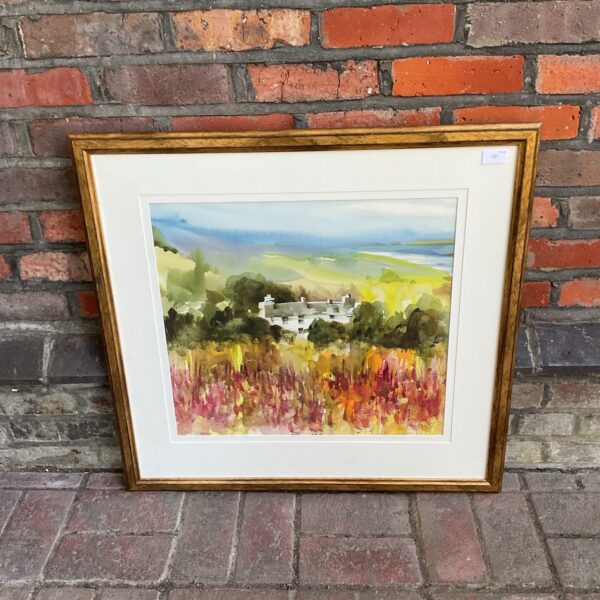 Signed 20th-century watercolour painting of a coastal cottage scene.