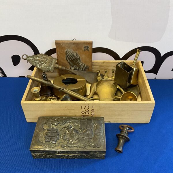 Vintage Chinese brassware tray with dragon box and assorted pieces.
