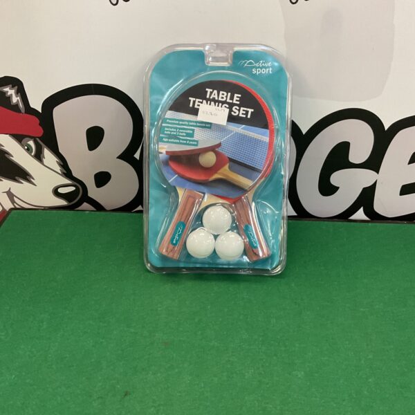 Table tennis set with two bats and three balls for indoor play.