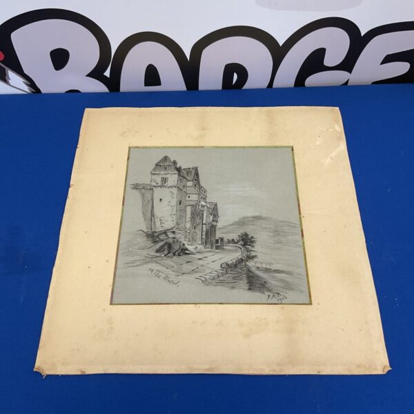 Signed charcoal drawing of a Mosel landscape circa 1902 with a castle.