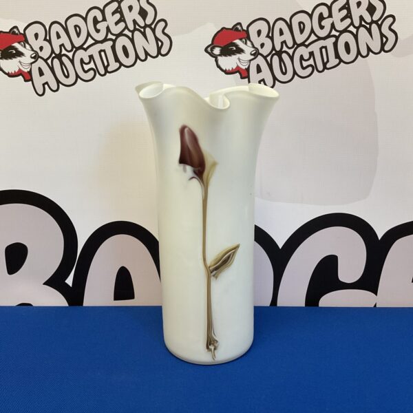 Vintage milk glass flower vase with enamel floral design.