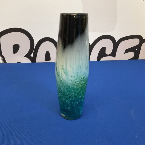 Stunning green and black art glass vase, hand blown design.
