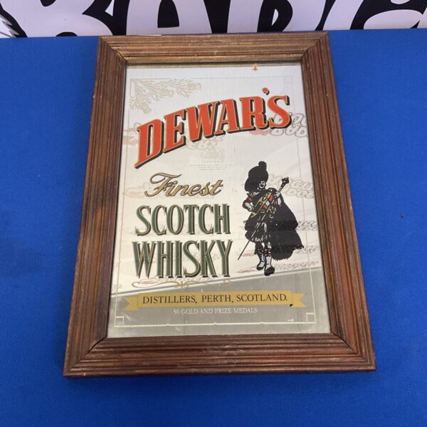 Vintage Dewar's whiskey mirror, classic pub advertising sign.
