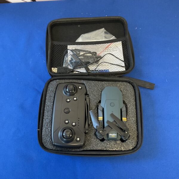 Front view of the Emotion drone with camera and controller.