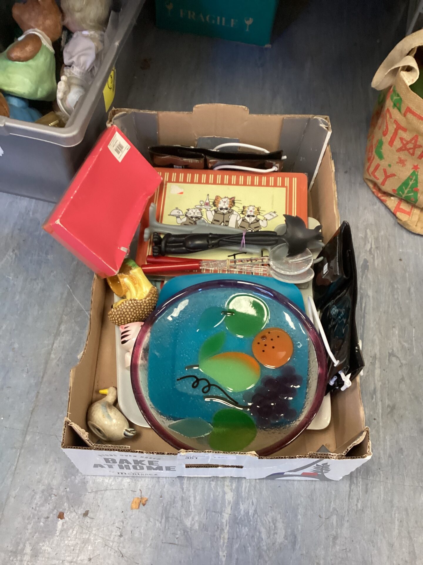 351 Box of mixed items inc decorative glass Plate