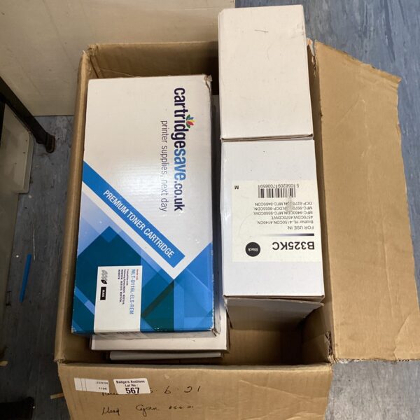 Box of sealed Brother MFC-8520DN toner cartridges for printers.