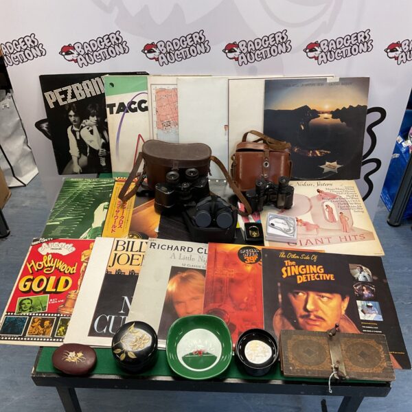Mixed lot of vintage vinyl records, binoculars, and trinket pots.
