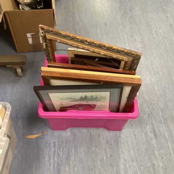 Assorted framed artworks and vintage frames in a mixed lot.