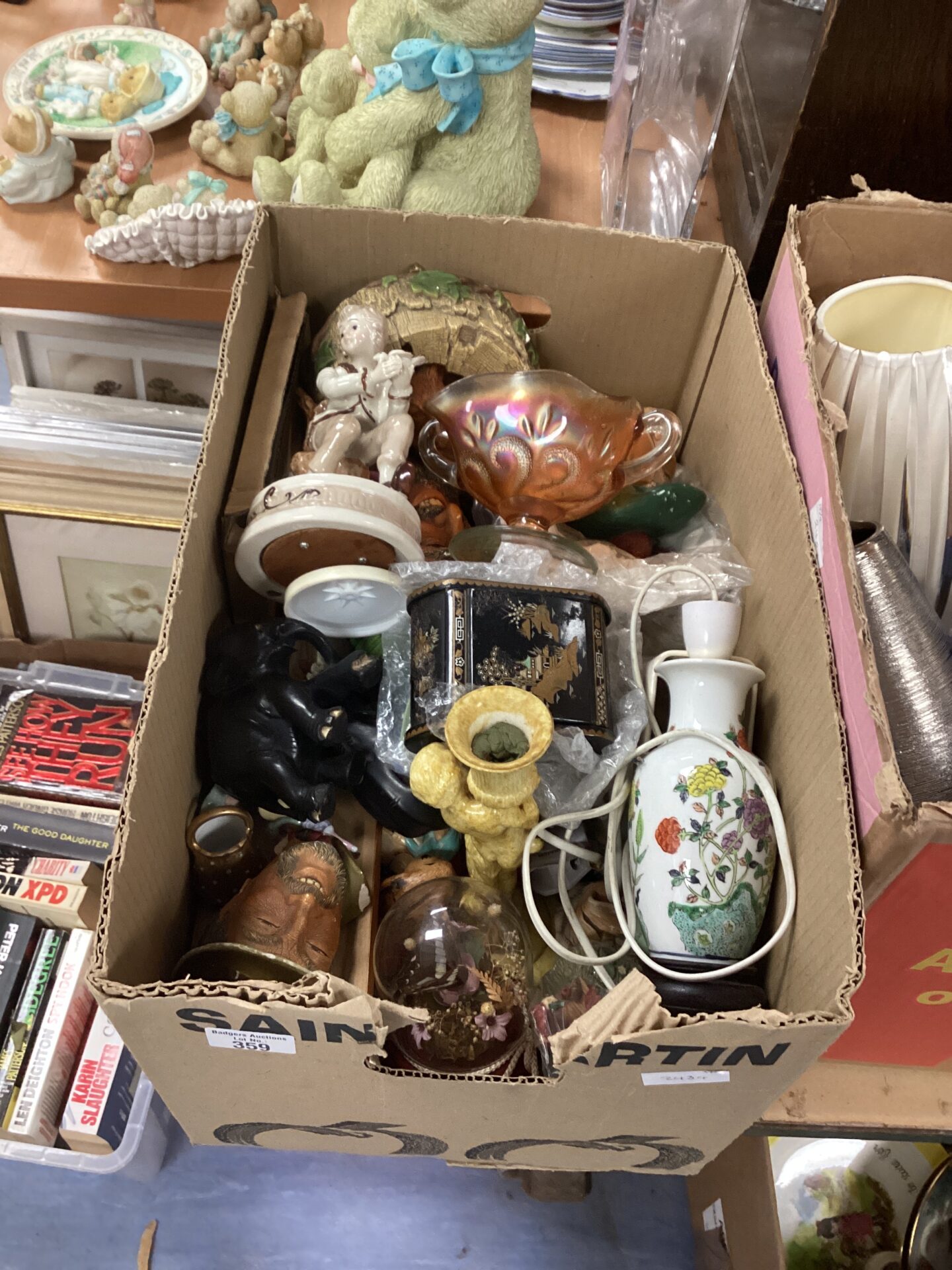 359 Box of mixed items inc carnival glass dish