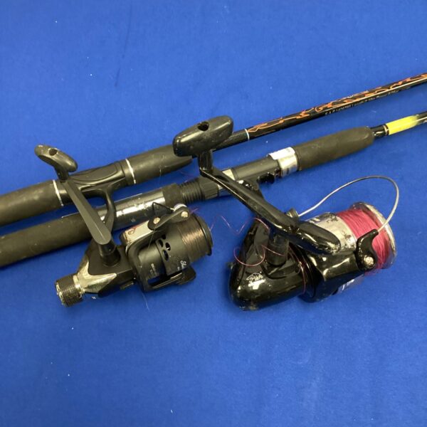 Two fishing rods with Okuma and Shakespeare reels for angling.