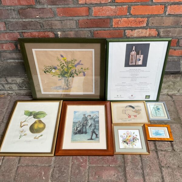 Vintage framed prints and artwork lot featuring botanical and landscape scenes.