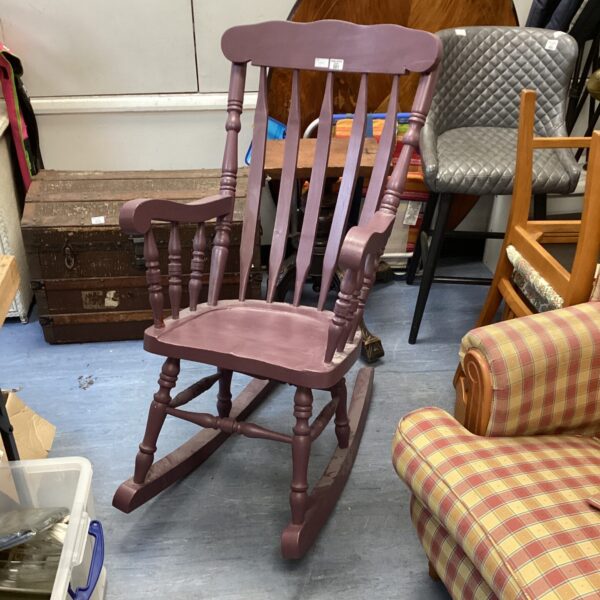 Purple painted wooden rocking chair, vintage style home decor.