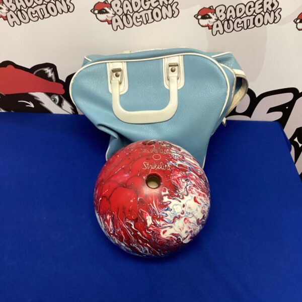 Vintage teal AMF bowling ball with its original carrying case.