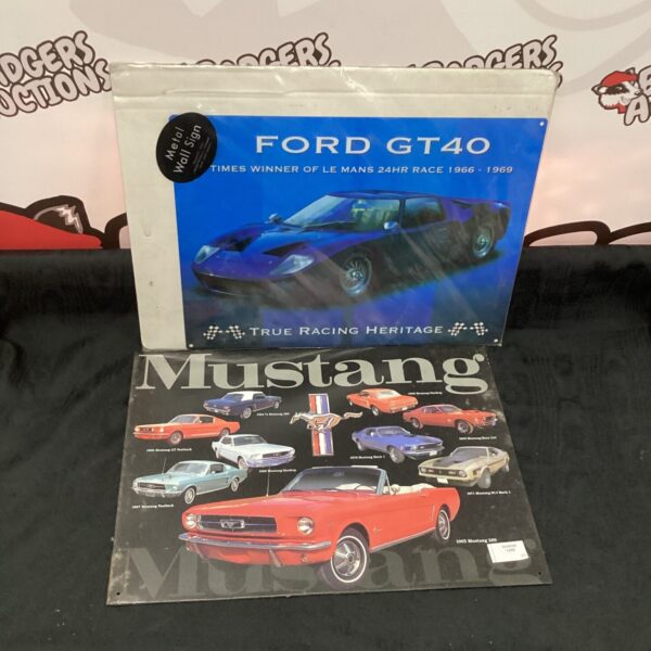 Vintage Ford Mustang and GT40 metal plaques for collectors.