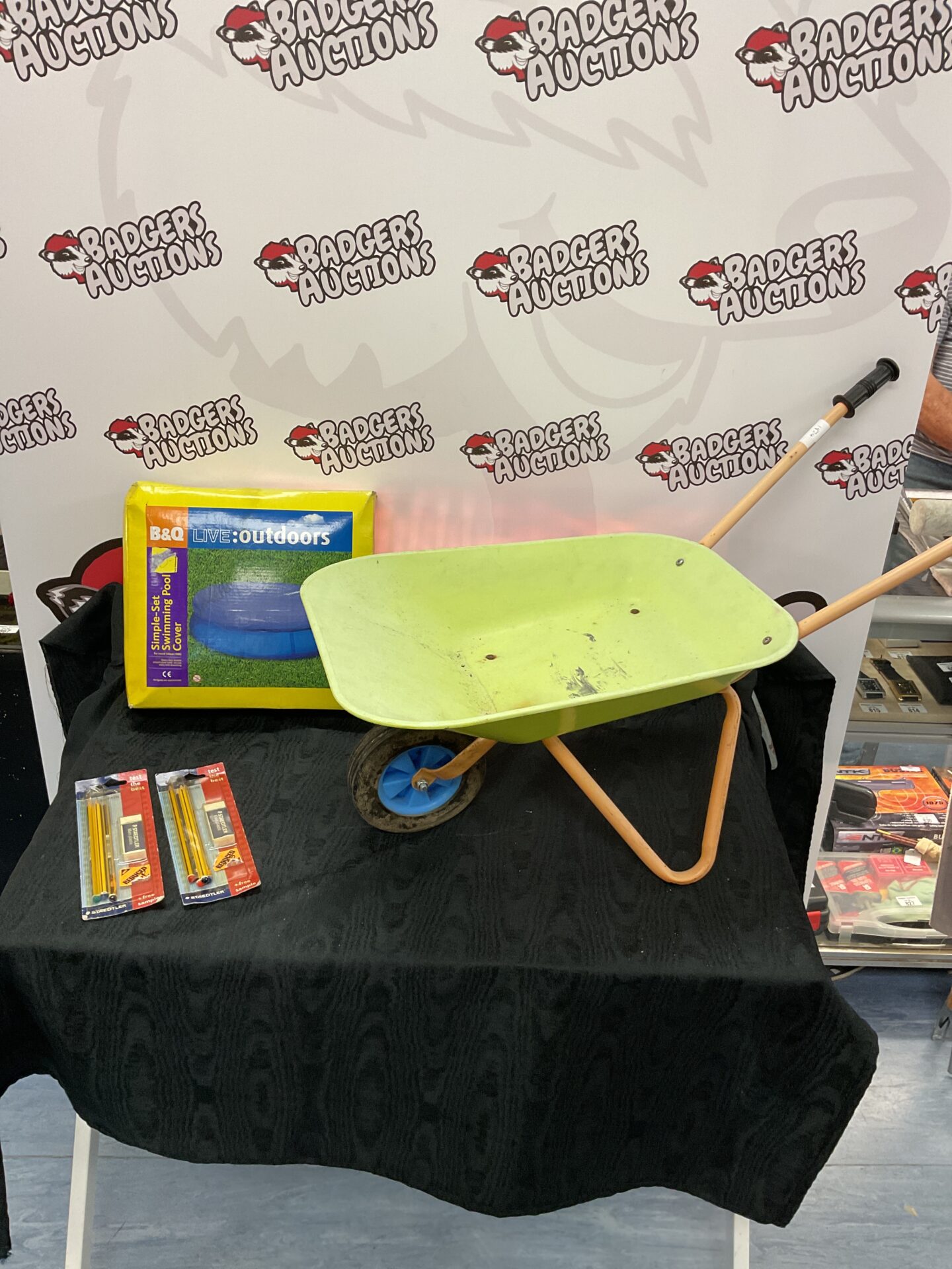 363 Kids wheelbarrow with B&Q simple set swimming pool cover and pencils amd rubbers