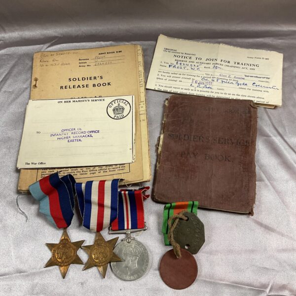British Army Soldier Release Book with medals and dog tags.