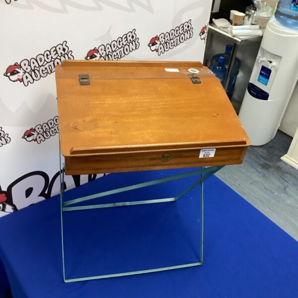 Vintage Leewan folding child's desk with inkwell, antique school furniture.