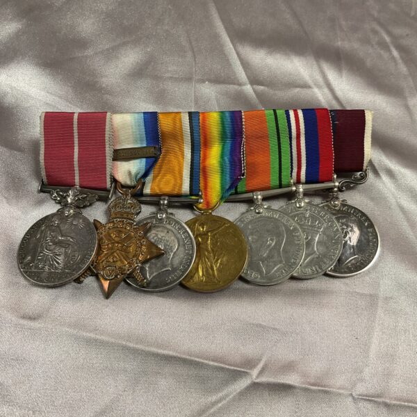 Ribbon-mounted British medal group including WWI and WWII awards.