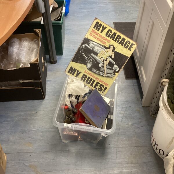 Mixed lot with vintage garage plaque and assorted items.