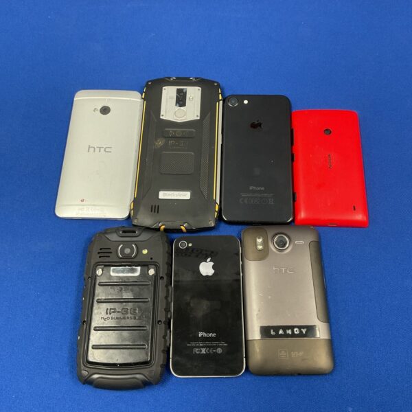Overview of a lot of used mobile phones, including an iPhone.