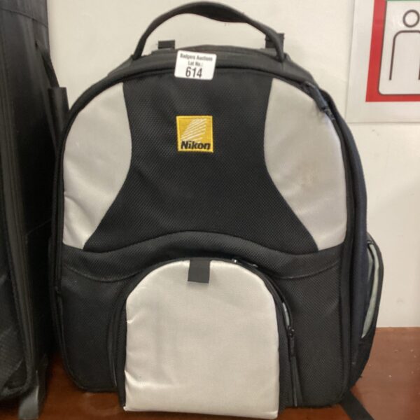 Front view of a black Nikon camera rucksack.