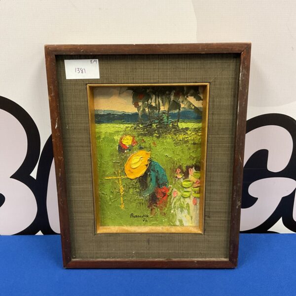 Vintage oil painting of tea leaf pickers in a landscape.
