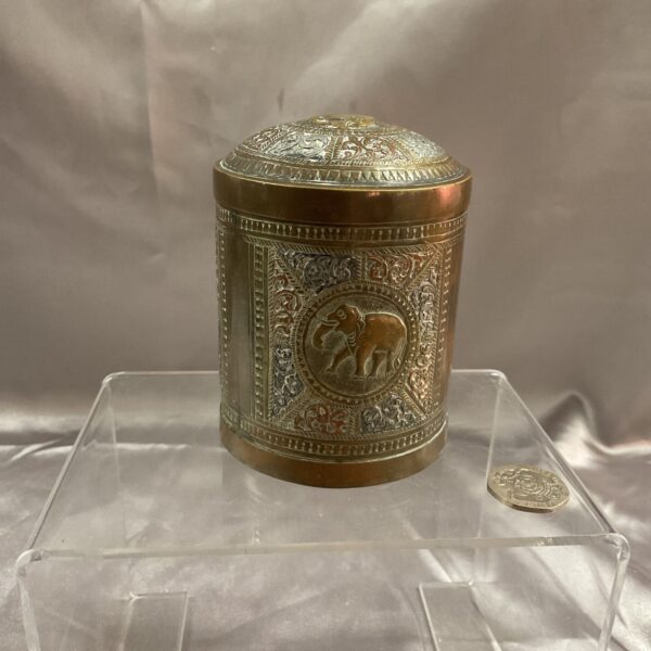 Vintage Indian tea caddy with copper, brass, and silver inlay.