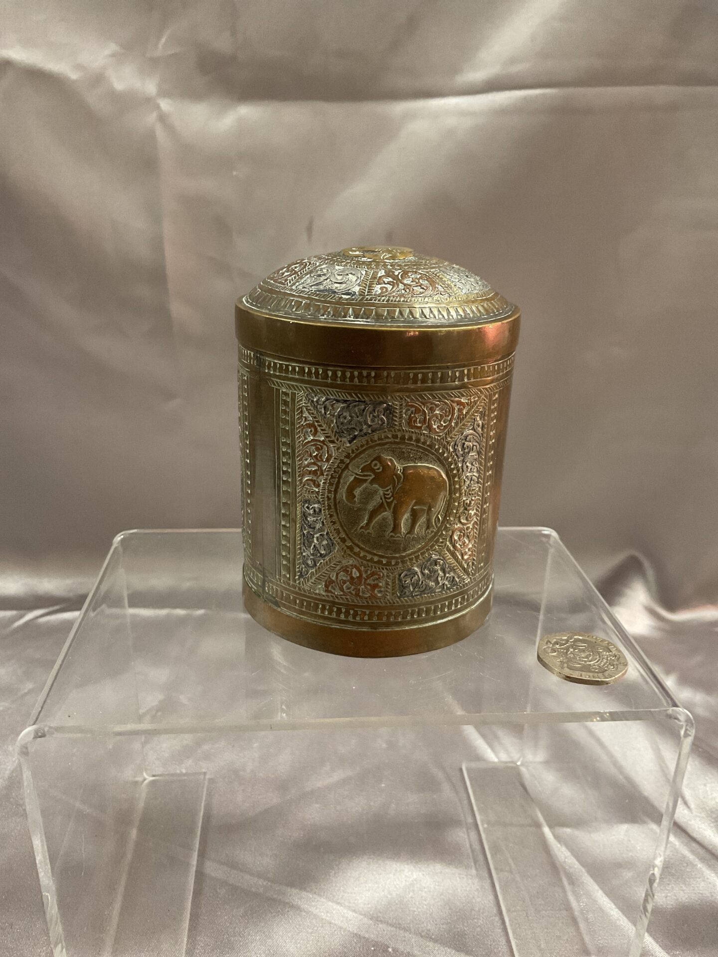 905 Indian Copper and brass silver inlaid Tea Caddy