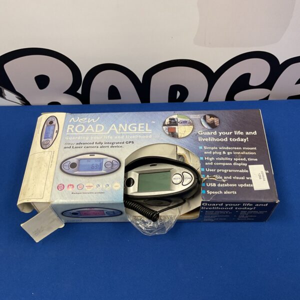 Road Angel GPS navigation system with screen display and windscreen mount.