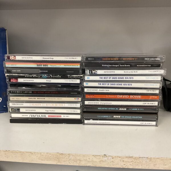 Collection of David Bowie CDs for collectors and fans.