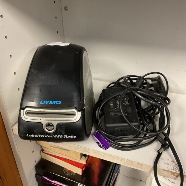 Dymo Label Writer 450 Turbo thermal printer with power adapter.