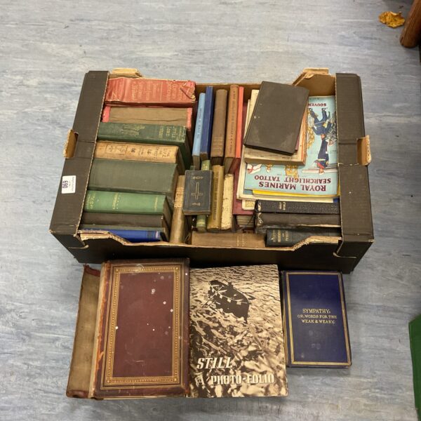 Tray of vintage and antique books, a collectible book lot.