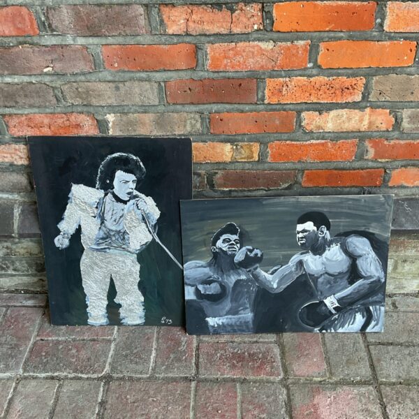 Monochrome watercolour painting of a boxing match in action.