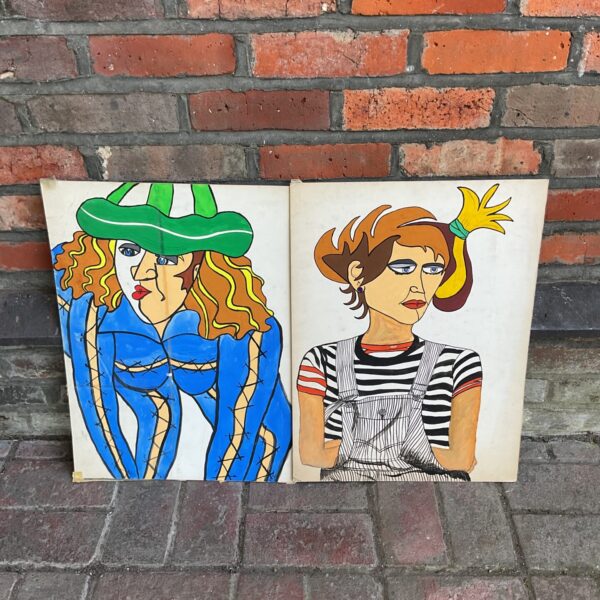 Pair of vintage pop art clown watercolour paintings.