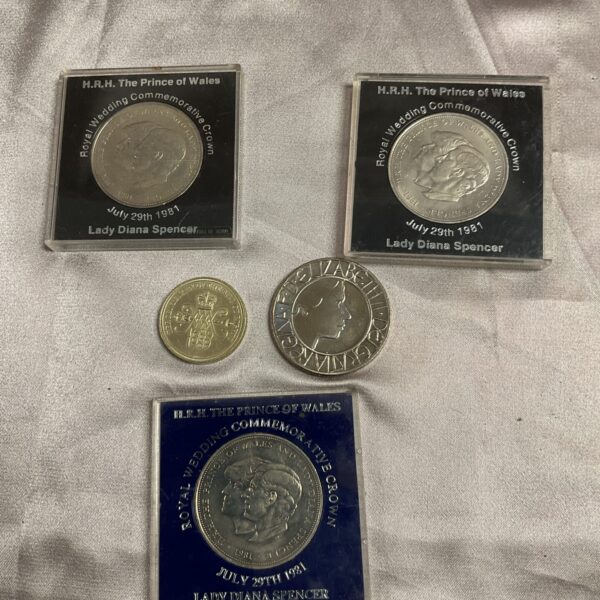 1981 Royal Wedding commemorative coins featuring Prince Charles and Princess Diana.