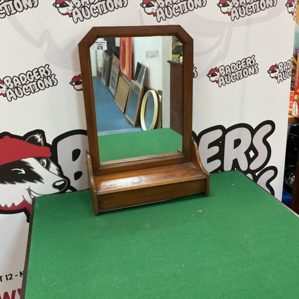 Vintage dressing table mirror with drawer, antique wooden vanity.