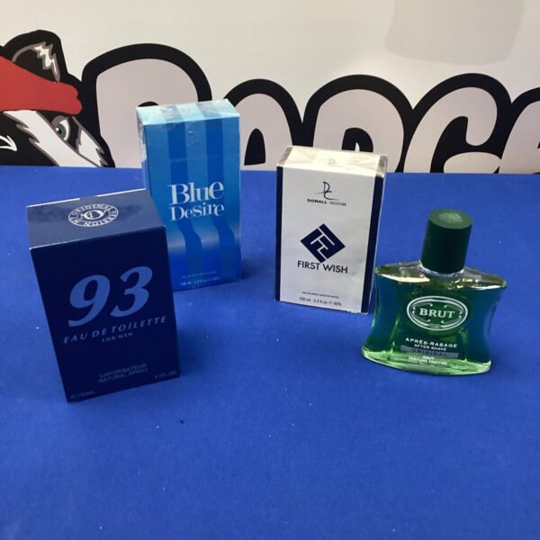 Vintage aftershave collection featuring Brut, Blue Desire, First Wash & 93.